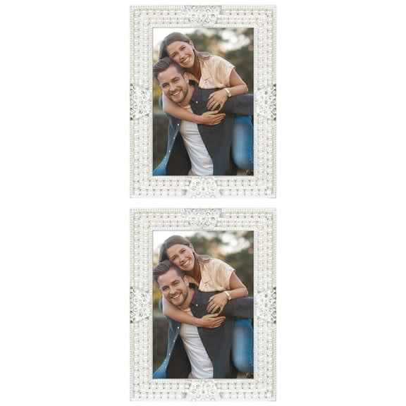 NOMADIC NOOK Pearl Picture Frame Luxury Vintage Retro Plated Crystal Photo Frames with Glass Front on Tabletop Display Silver -2Pcs 5x7