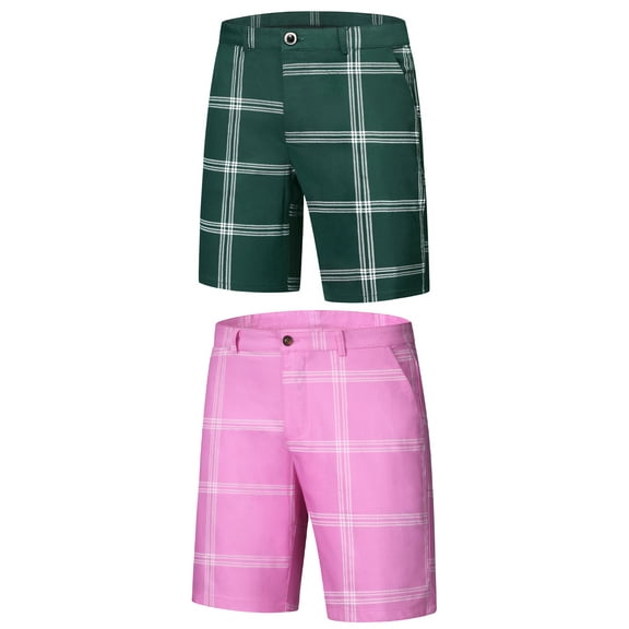 NOMADIC NOOK Plaid Shorts for Men's Flat Front Summer Chino Checked Shorts Pants 2 Pack