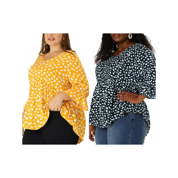 NOMADIC NOOK Plus Size Blouse for Women Babydoll Polka Dots 3/4 Sleeve Peplum Tops
