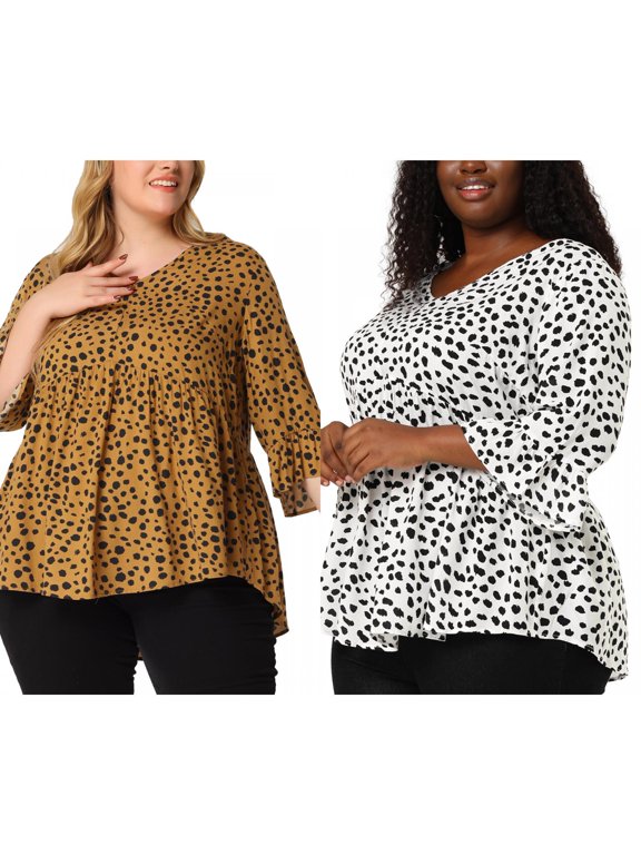 Plus Size Blouse for Women Babydoll Polka Dots 3/4 Sleeve Peplum Tops