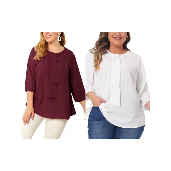 NOMADIC NOOK Plus Size Chiffon Top for Women Round Neck Tie Front Ruffle Work Blouse Top 2 Packs 2X Red/White