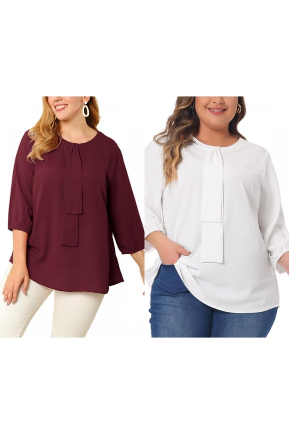 Plus Size Chiffon Top for Women Round Neck Tie Front Ruffle Work Blouse Top 2 Packs 4X Red/White