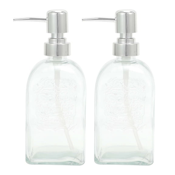 NOMADIC NOOK Rectangular Bottom Soap Dispenser 16.91oz Clear Silver Tone 2 Pcs