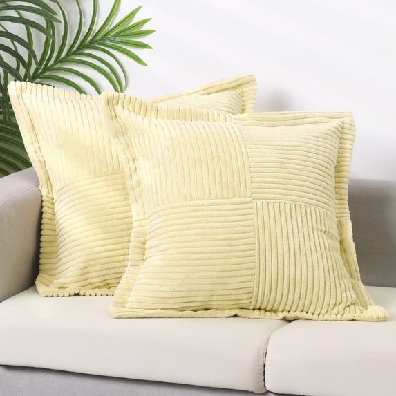 REGALWOVEN Set of 2 Solid Corduroy Striped Throw Pillow Covers, Wide Bordered Decorative Cushion Case for Home Decorations Yellow 18" x 18"