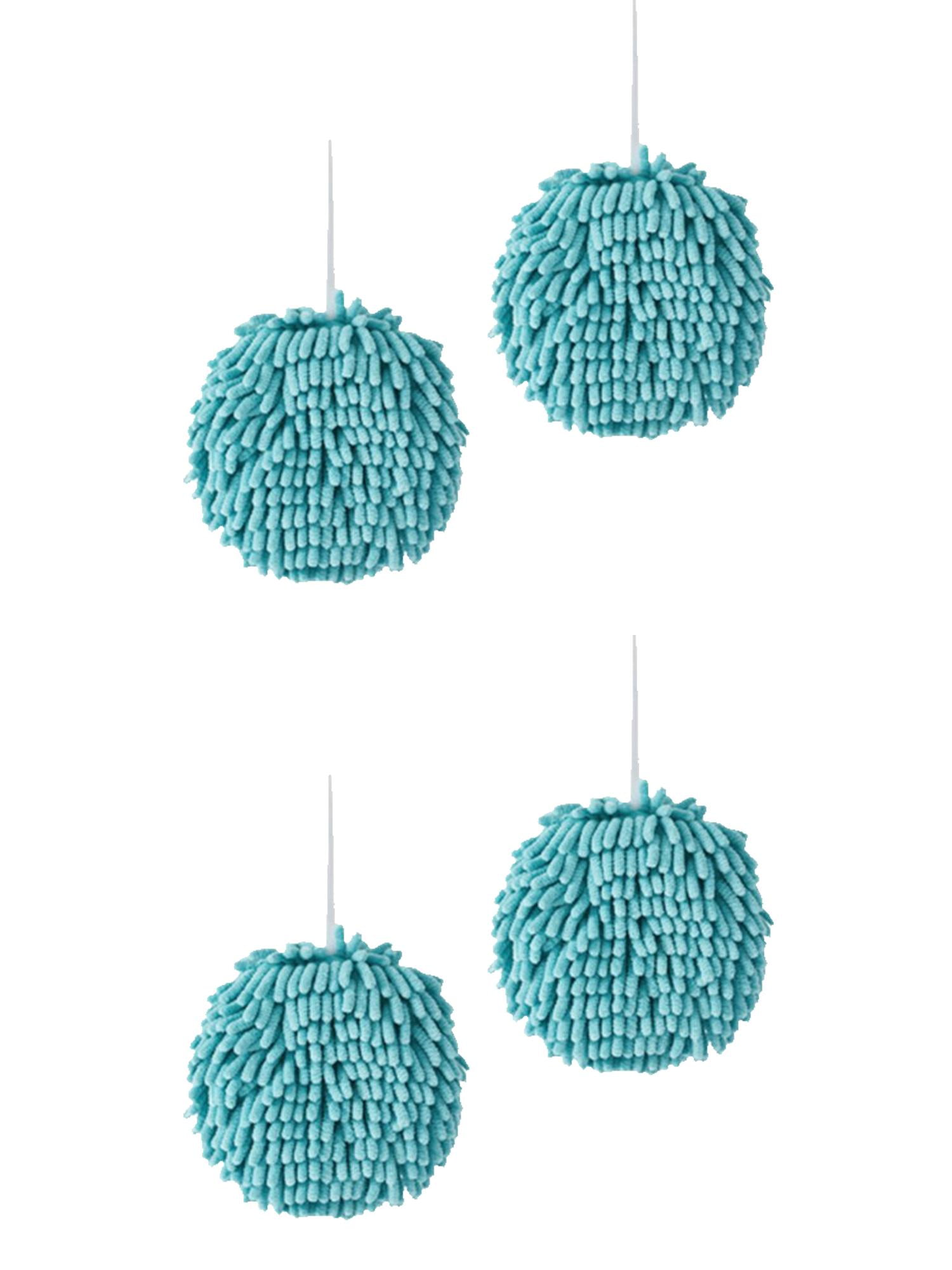 NOMADIC NOOK Soft Absorbent Fluffy Chenille Ball Hand Towels, Set of 4 Fuzzy Decorative Towel with Wall Hook for Bathroom Blue 6" x 6"