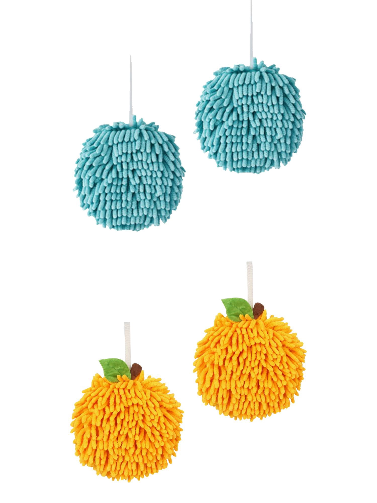 NOMADIC NOOK Soft Absorbent Fluffy Chenille Ball Hand Towels, Set of 4 Fuzzy Decorative Towel with Wall Hook for Bathroom Blue/Orange 6" x 6"