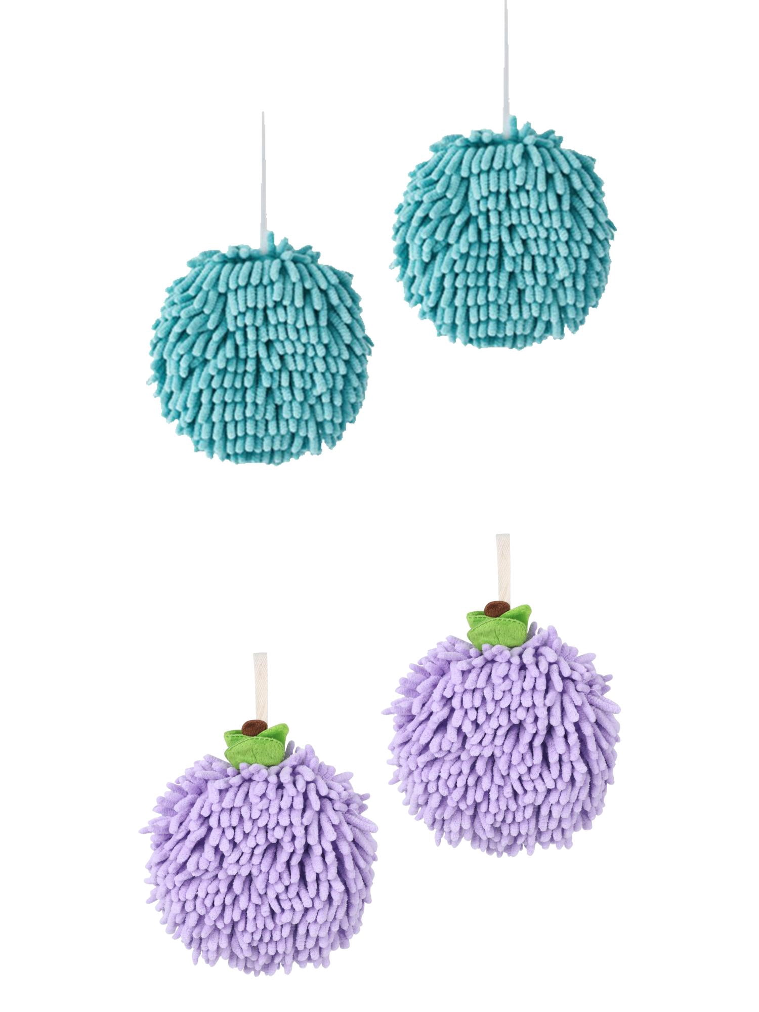 NOMADIC NOOK Soft Absorbent Fluffy Chenille Ball Hand Towels, Set of 4 Fuzzy Decorative Towel with Wall Hook for Bathroom Blue/Purple 6" x 6"