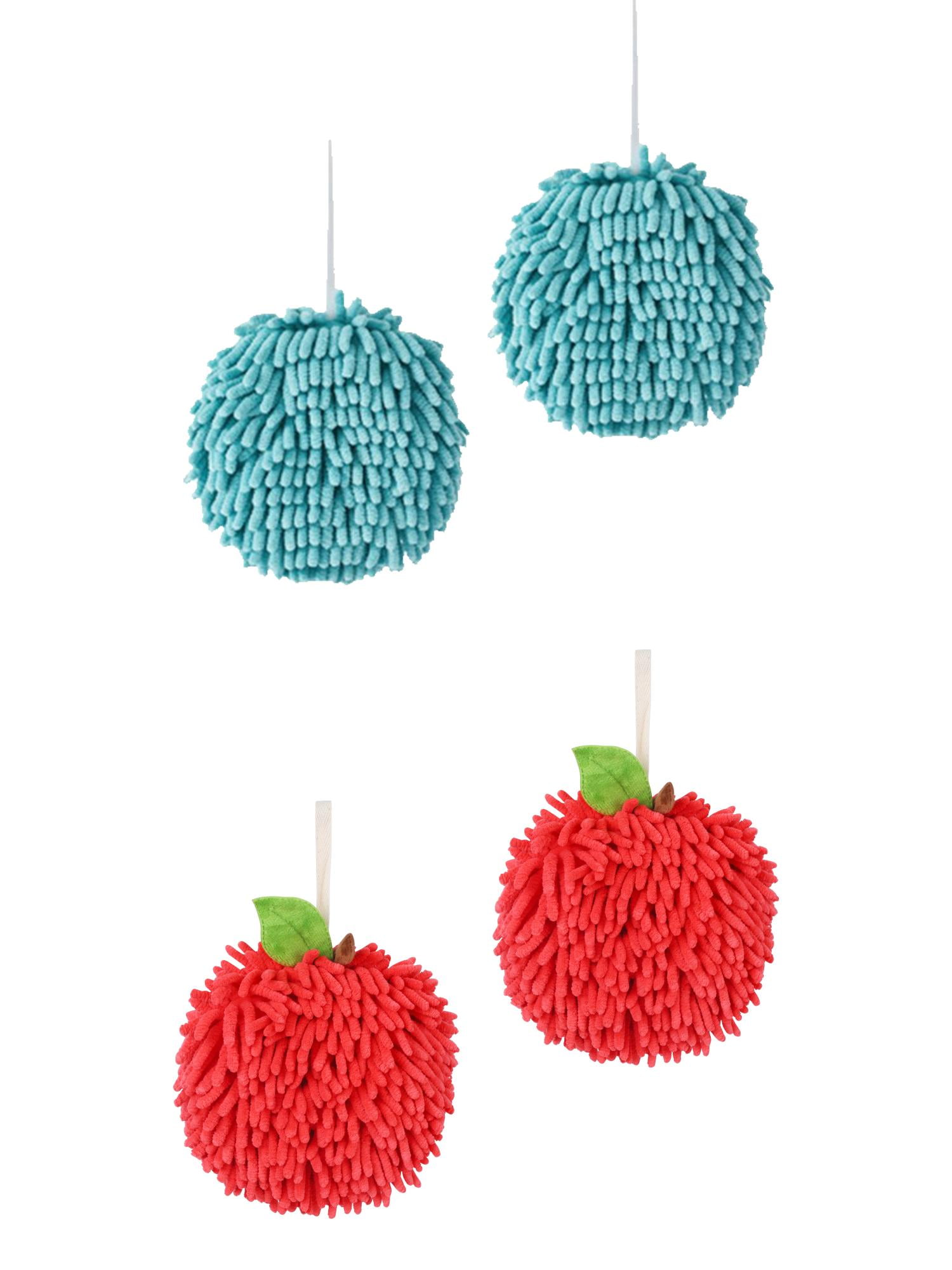NOMADIC NOOK Soft Absorbent Fluffy Chenille Ball Hand Towels, Set of 4 Fuzzy Decorative Towel with Wall Hook for Bathroom Blue/Red 6" x 6"