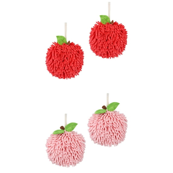 NOMADIC NOOK Soft Absorbent Fluffy Chenille Ball Hand Towels, Set of 4 Fuzzy Decorative Towel with Wall Hook for Bathroom Pink/Red 6" x 6"