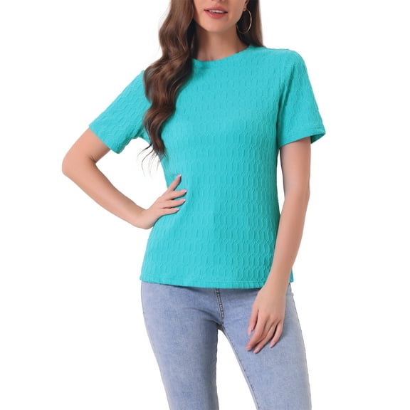 INSPIRE CHIC Women's T-Shirt Round Neck Short Sleeve Basic Casual Textured Top XL Lake Blue
