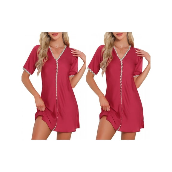 NOMADIC NOOK Women's 2 Pack Floral Sleepdress Soft V-Neck Short-Sleeve Loungewear Medium 2 Packs Red
