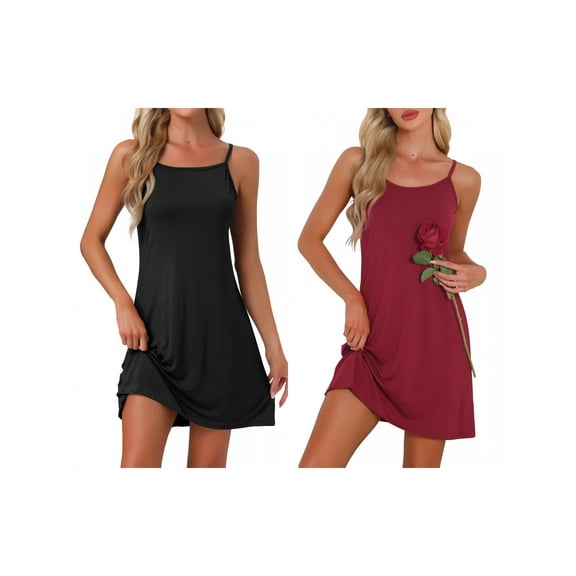 NOMADIC NOOK Women's 2 Pack Modal Soft Spaghetti-Strap Crewneck Nightgown Sleepwear X-Small Black/Red