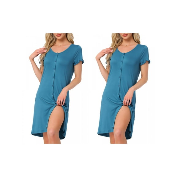 NOMADIC NOOK Women's 2 Pack Nightgown Sleep Dress Short-Sleeve Button-Up Solid Crew-Neck Night Dress X-Small 2 Packs Green