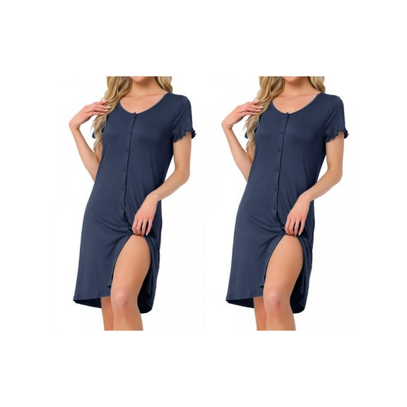 NOMADIC NOOK Women's 2 Pack Nightgown Sleep Dress Short-Sleeve Button-Up Solid Crew-Neck Night Dress X-Small 2 Packs Navy
