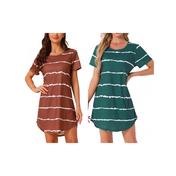 NOMADIC NOOK Women's 2 Pack Sleep Shirts Short Sleeve Striped Nightgown with Pockets Soft Knit Loungewear Dress 3X-Large Burgundy/Black