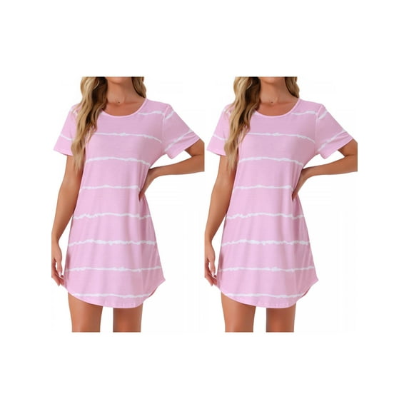 NOMADIC NOOK Women's 2 Pack Nightshirt Round-Neck Short-Sleeve Striped Sleep Gown Large 2 Packs Pink