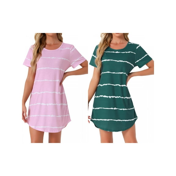 NOMADIC NOOK Women's 2 Pack Nightshirt Round-Neck Short-Sleeve Striped Sleep Gown Medium Blue Green/Red