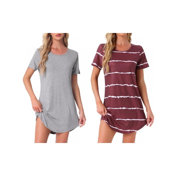 NOMADIC NOOK Women's 2 Pack Nightshirt Round-Neck Short-Sleeve Striped Sleep Gown X-Small Red/Pink