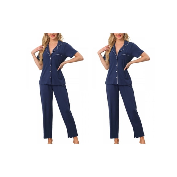 NOMADIC NOOK Women's 2 Pack Pajama Set Button-Up Soft Short-Sleeve Sleepwear Long-Pants Lounge Medium 2 Packs Navy