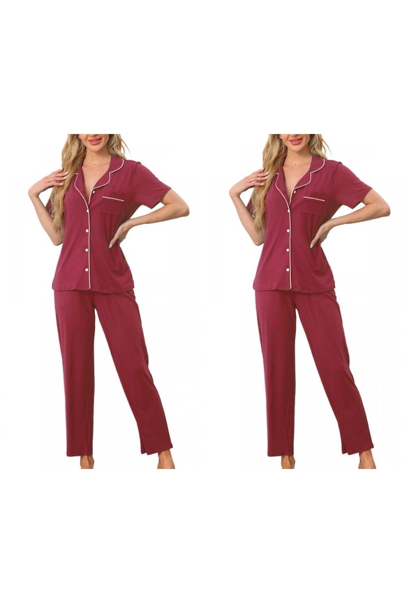 Women's 2 Pack Pajama Set Button-Up Soft Short-Sleeve Sleepwear Long-Pants Lounge Small 2 Packs Red