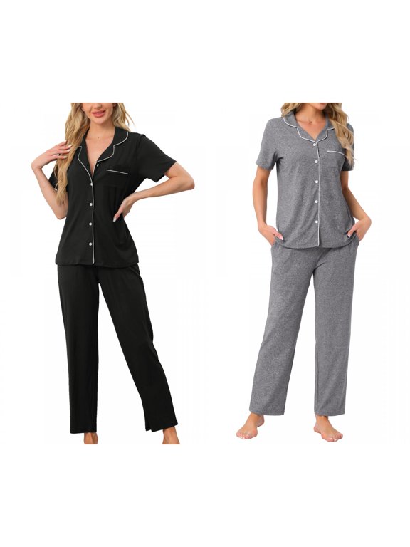 Women's 2 Pack Pajama Set Soft Button Down Short Sleeve Lounge Set with Notched Collar & Contrast Piping Small Black/Deep Grey