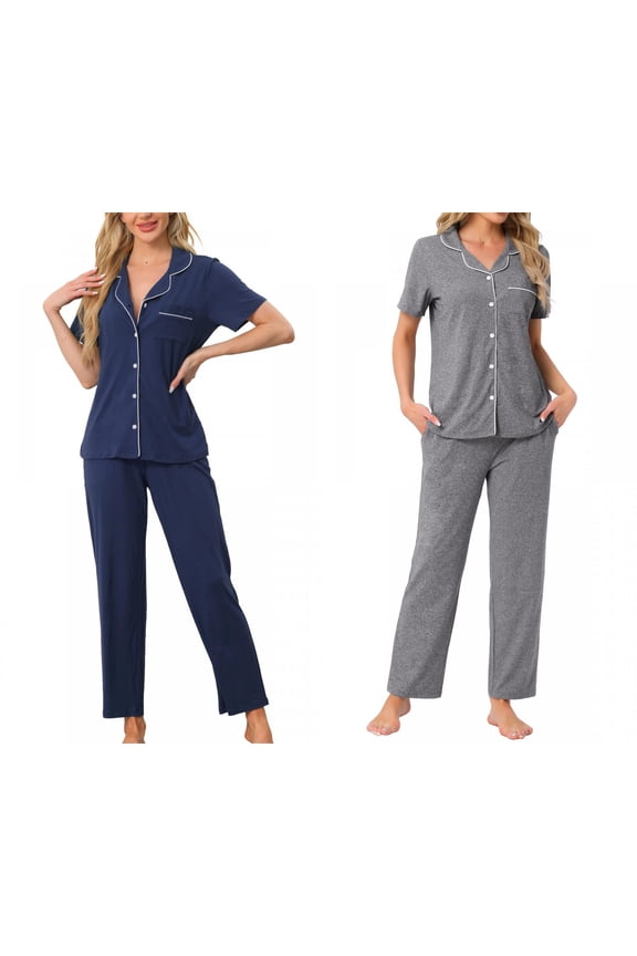 Women's 2 Pack Pajama Set Button-Up Soft Short-Sleeve Sleepwear Long-Pants Lounge Small Navy/Deep Grey