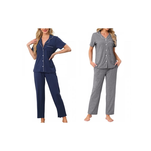 NOMADIC NOOK Women's 2 Pack Pajama Set Button-Up Soft Short-Sleeve Sleepwear Long-Pants Lounge X-Large Navy/Deep Grey