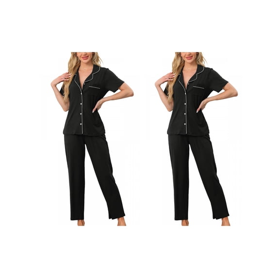 NOMADIC NOOK Women's 2 Pack Pajama Set Button-Up Soft Short-Sleeve Sleepwear Long-Pants Lounge X-Small 2 Packs Black
