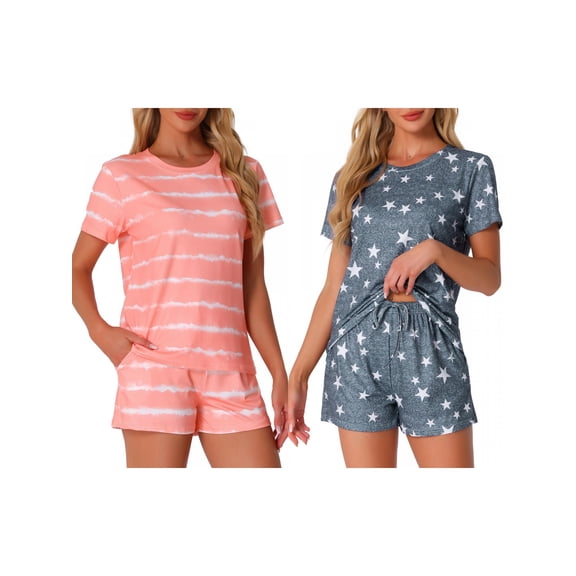 NOMADIC NOOK Women's 2 Pack Pajama Sets Short Sleeve Top and Shorts Loungewear Sleepwear with Pockets Large Deep Gray Star/Pink Stripes