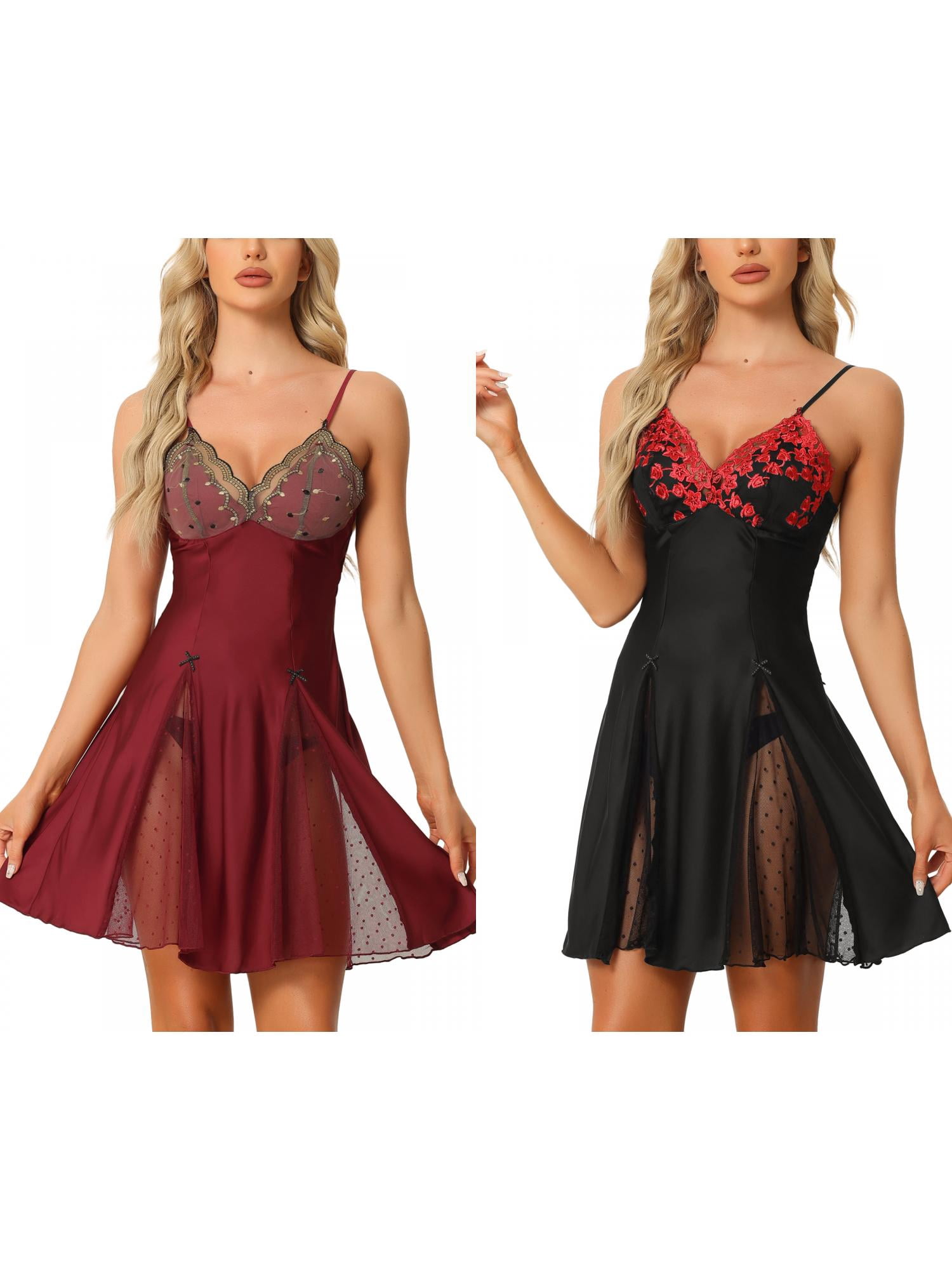 NOMADIC NOOK Women's 2 Pack Satin Babydoll Lingerie Mesh-Inset Sweet Mini Chemise Nightgown Medium Black Red/Burgundy