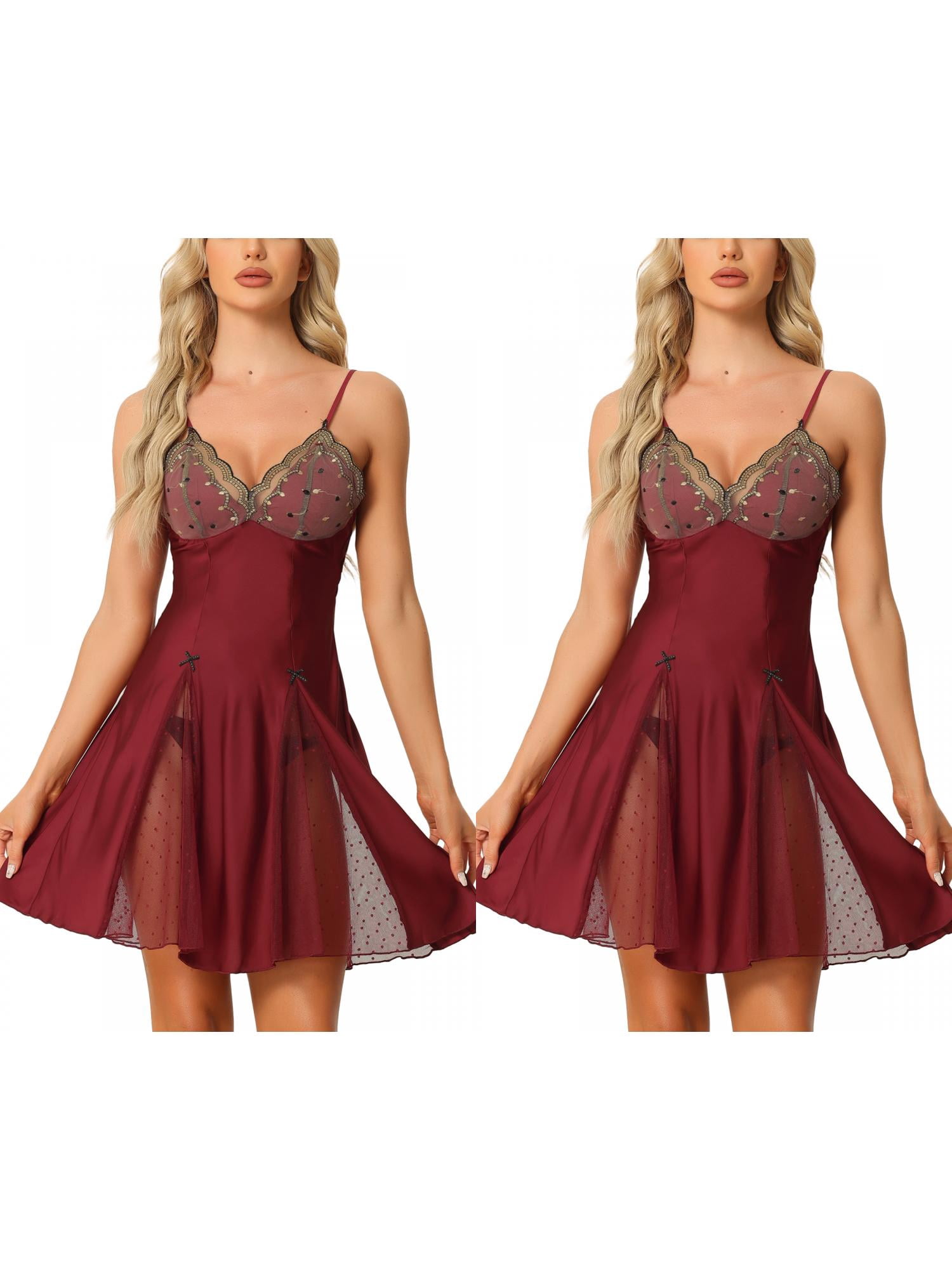 NOMADIC NOOK Women's 2 Pack Satin Babydoll Lingerie Mesh-Inset Sweet Mini Chemise Nightgown X-Small 2 Packs Burgundy