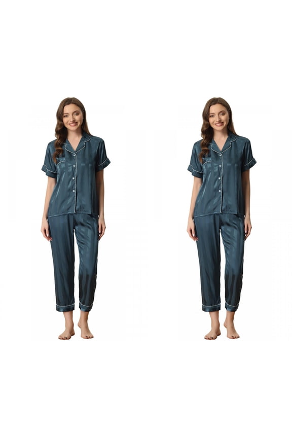 Women's Mother's Day 2 Pack Satin Button Down Short Sleeve Shirt with Long Pants 2 Pcs Pajama Set Small 2 Packs Blue