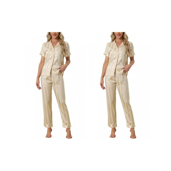 NOMADIC NOOK Women's 2 Pack Satin Button Down Short Sleeve Shirt with Long Pants 2 Pcs Pajama Set Small 2 Packs Champagne