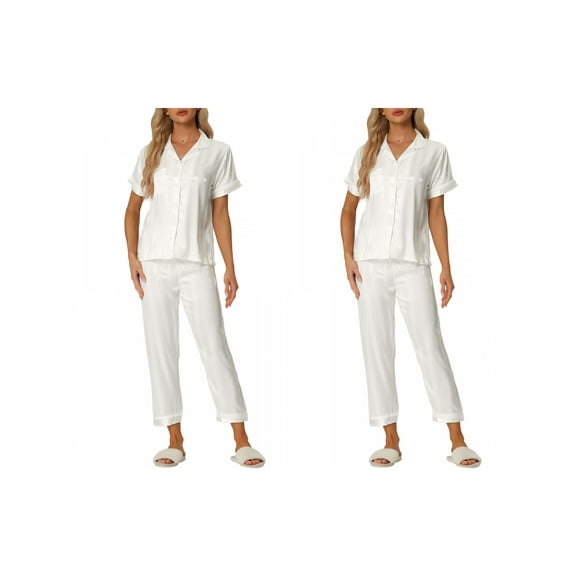 NOMADIC NOOK Women's 2 Pack Satin Button Down Short Sleeve Shirt with Long Pants 2 Pcs Pajama Set X-Small 2 Packs White