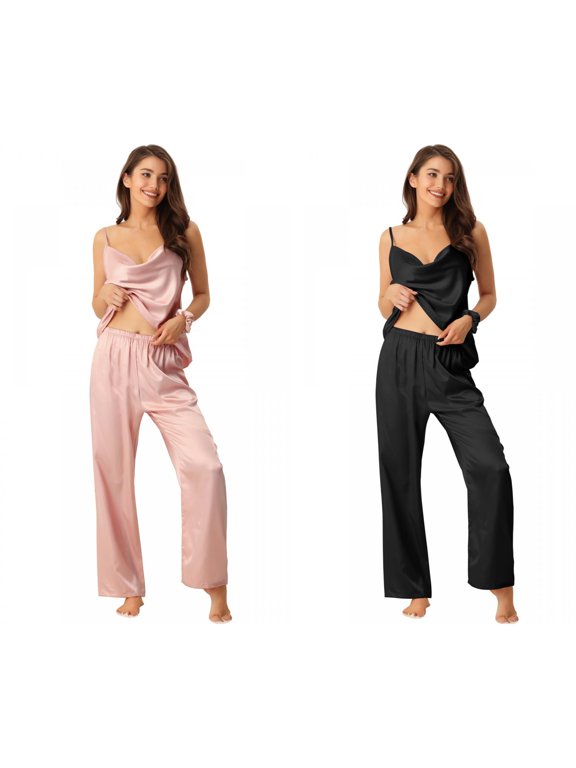 Women's Mother's Day 2 Pack Satin Loungewear Cowl-Neck Cami & Long-Pant Sleepwear Large Black/Pink