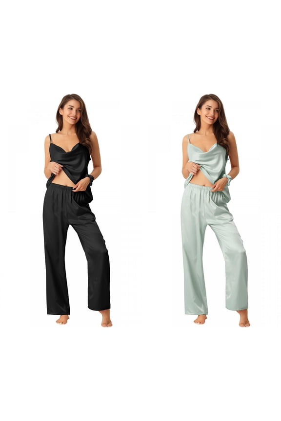 Women's Mother's Day 2 Pack Satin Loungewear Cowl-Neck Cami & Long-Pant Sleepwear Small Black/Blue