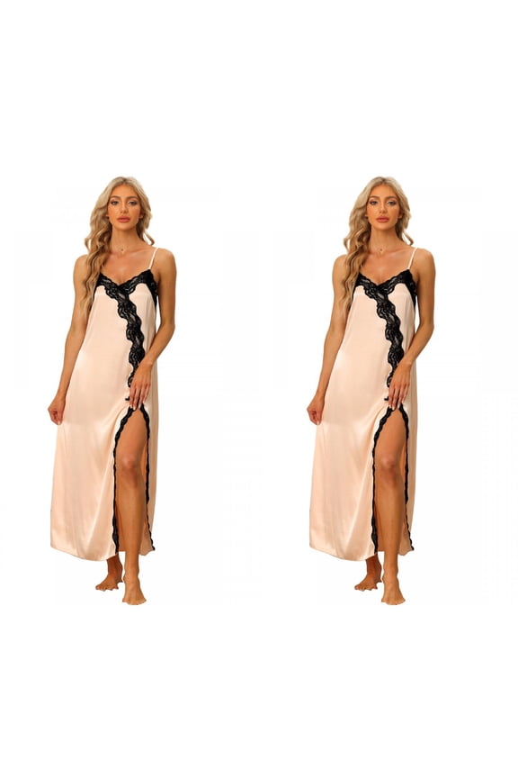 Women's 2 Pack Satin Nightgown Lace-Trim Cami Dress Side-Slit Maxi Gown Long Pajama Nightwear X-Large 2 Packs Champagne