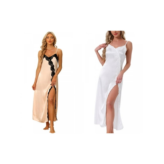 NOMADIC NOOK Women's 2 Pack Satin Nightgown Lace-Trim Cami Dress Side-Slit Maxi Gown Long Pajama Nightwear X-Small Green/Black