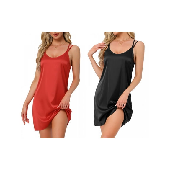 NOMADIC NOOK Women's 2 Pack Satin Nightgown Nighty Chemise Slip Silky Sleep Dress Small Black/Red