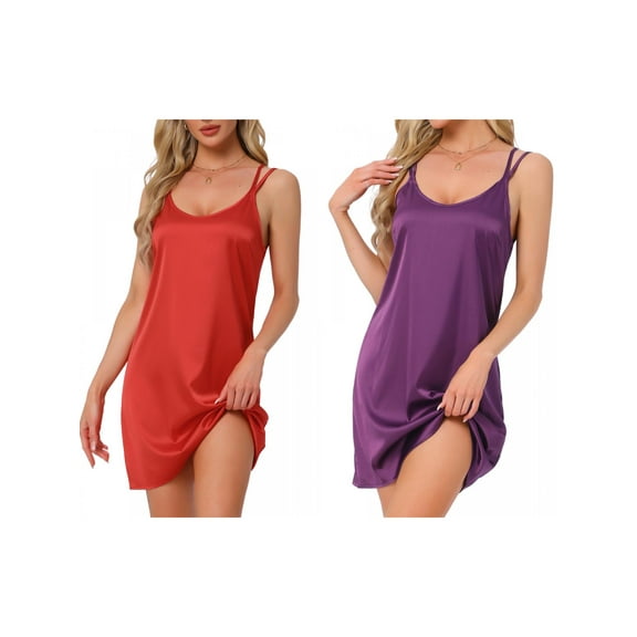 NOMADIC NOOK Women's 2 Pack Satin Nightgown Nighty Chemise Slip Silky Sleep Dress Small Purple/Red