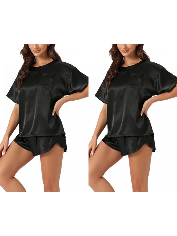Women's 2 Pack Satin Pajama Set Spring-Summer Short-Sleeve Tee & Shorts Sleepwear X-Small 2 Packs Black