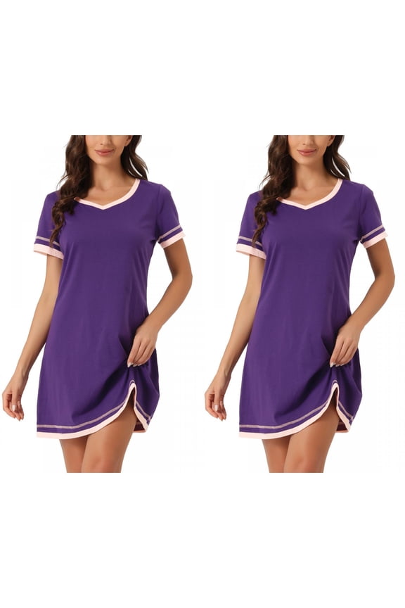 Women's Mother's Day 2 Pack Short-Sleeve Nightshirt Color-Block V-Neck Nightgown Medium 2 Packs Purple