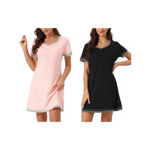 NOMADIC NOOK Women's 2 Pack Short-Sleeve Nightshirt Color-Block V-Neck Nightgown Medium Pink/Black