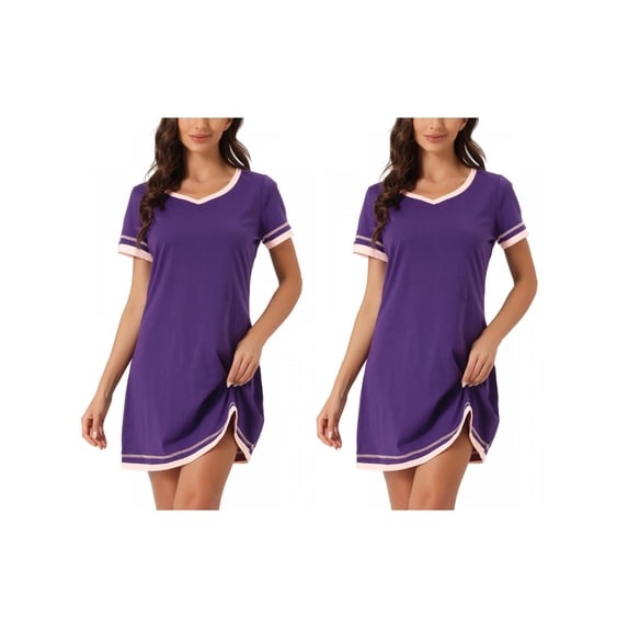 NOMADIC NOOK Women's 2 Pack Short-Sleeve Nightshirt Color-Block V-Neck Nightgown X-Large 2 Packs Purple