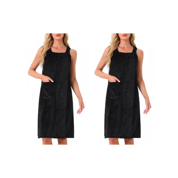 NOMADIC NOOK Women's Mother's Day 2 Pack Shower Wrap Bath Towel Robe Strap Button Sleeveless Snap Dress with Pockets Large 2 Packs Black