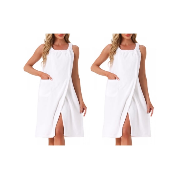 NOMADIC NOOK Women's Mother's Day 2 Pack Shower Wrap Bath Towel Robe Strap Button Sleeveless Snap Dress with Pockets Large 2 Packs White