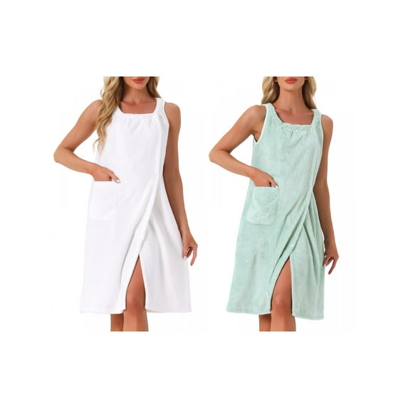 NOMADIC NOOK Women's Mother's Day 2 Pack Shower Wrap Bath Towel Robe Strap Button Sleeveless Snap Dress with Pockets X-Large White/Green