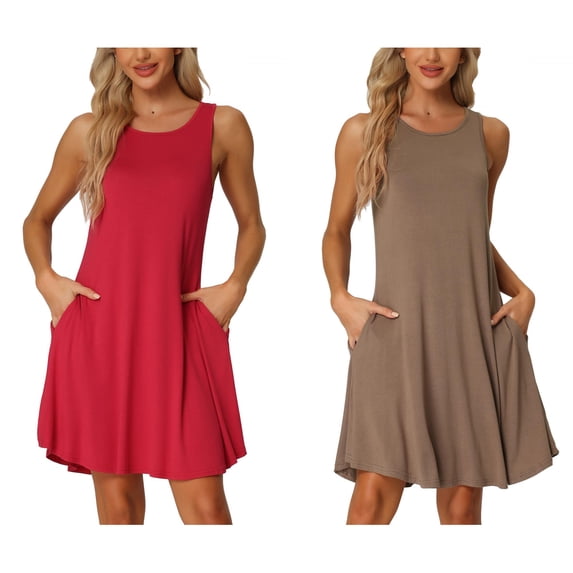 NOMADIC NOOK Women's Mother's Day 2 Pack Sleeveless Tank Nightgown Casual Dress Nightshirt with Pockets Medium Deep Camel/Red