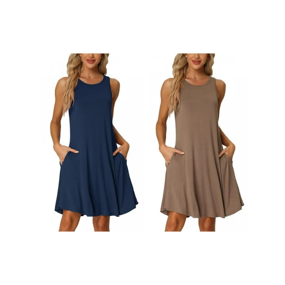 NOMADIC NOOK Women's 2 Pack Sleeveless Tank Nightgown Casual Dress Nightshirt with Pockets Small Blue/Deep Camel