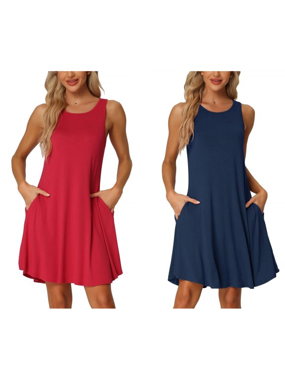 Women's Mother's Day 2 Pack Sleeveless Tank Nightgown Casual Dress Nightshirt with Pockets X-Small Red/Blue